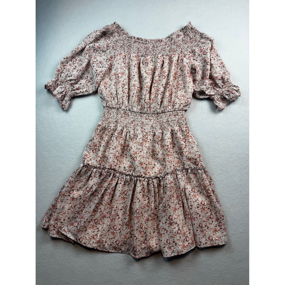Floral Smocked Off The Shoulder Mini Dress Pink Tiered Ruffle Cottagecore Small